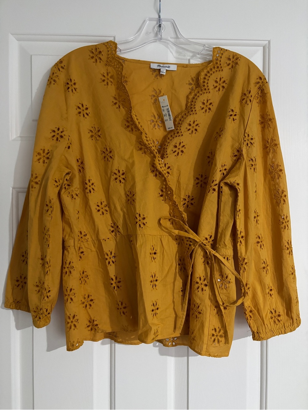 Madewell Scalloped Eyelet Wrap Top Mustard Yellow Peplum Side Tie NWT - Large - Picture 2 of 8